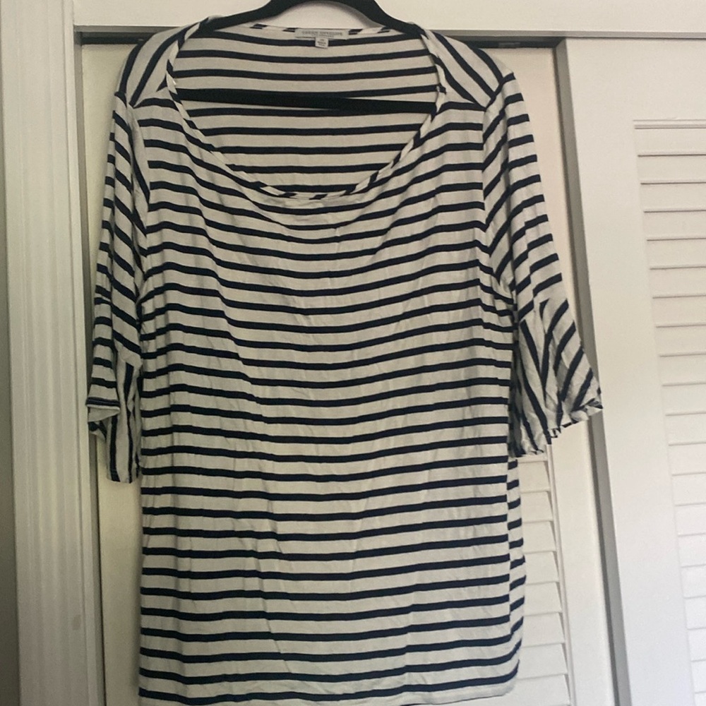 Navy and white striped top with 3/4 flowy/bell sleeves